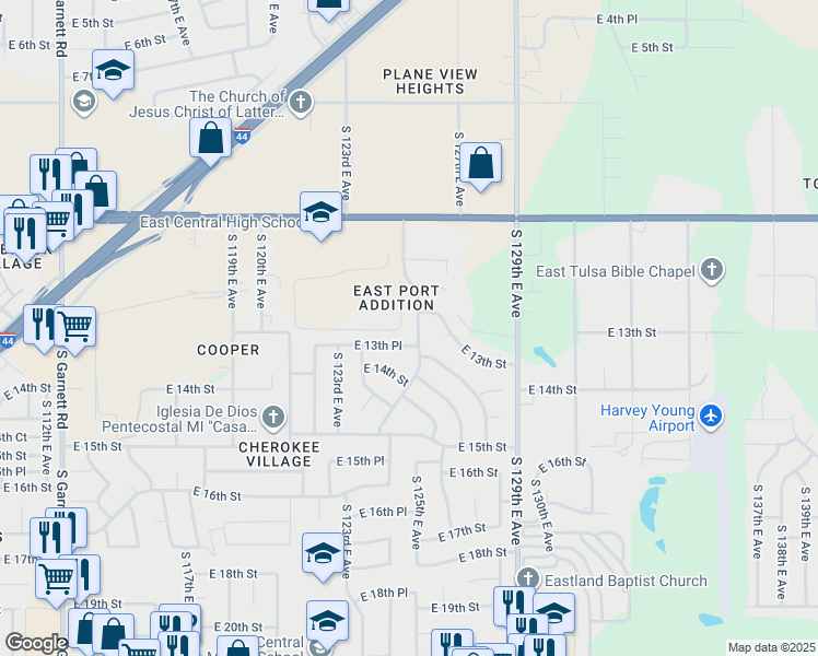 map of restaurants, bars, coffee shops, grocery stores, and more near 12355 East 13th Place in Tulsa