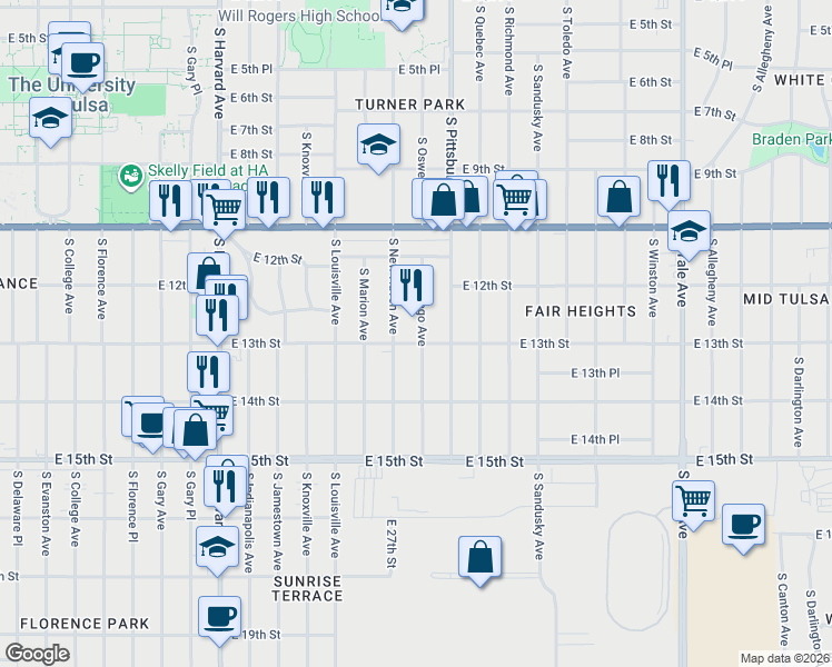 map of restaurants, bars, coffee shops, grocery stores, and more near 1303 South Oswego Avenue in Tulsa
