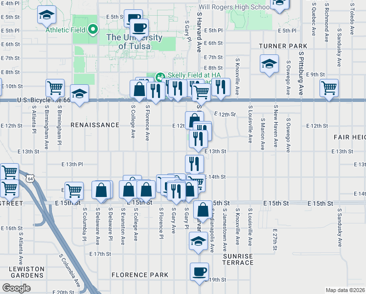 map of restaurants, bars, coffee shops, grocery stores, and more near 1308 South Gary Place in Tulsa