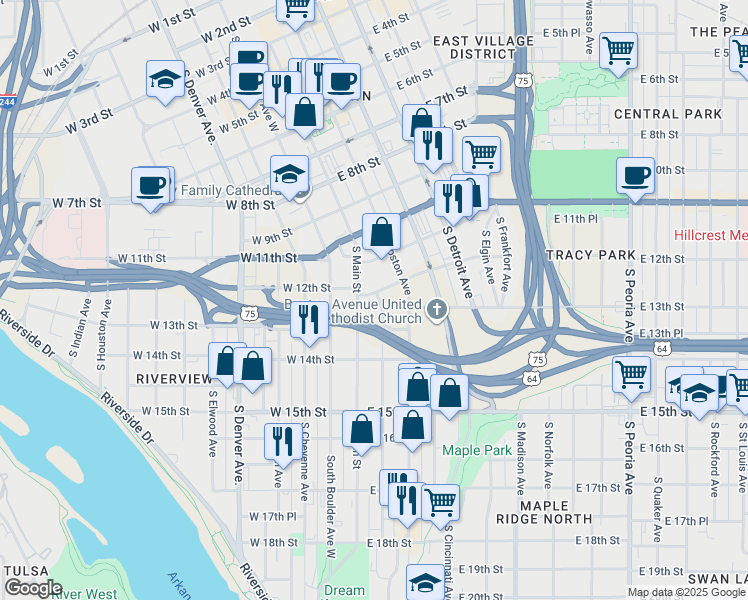 map of restaurants, bars, coffee shops, grocery stores, and more near 1224 South Baltimore Avenue in Tulsa