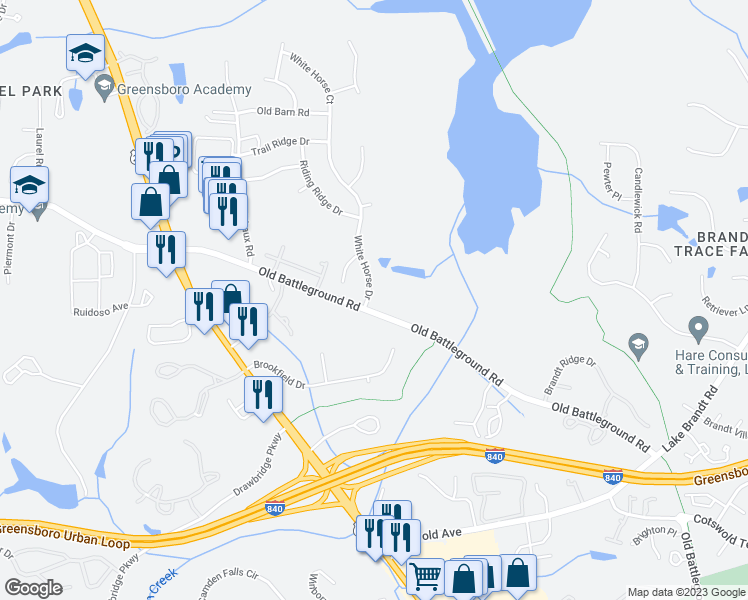 map of restaurants, bars, coffee shops, grocery stores, and more near 4702 White Horse Drive in Greensboro