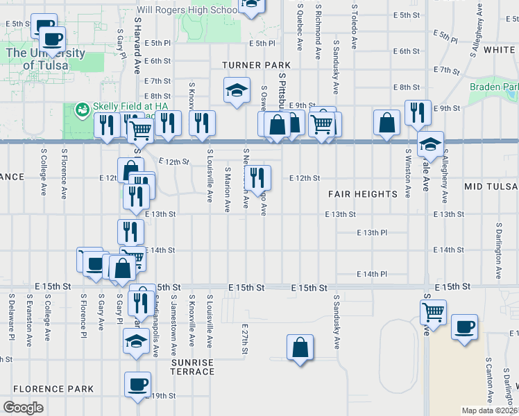 map of restaurants, bars, coffee shops, grocery stores, and more near 1303 South Oswego Avenue in Tulsa