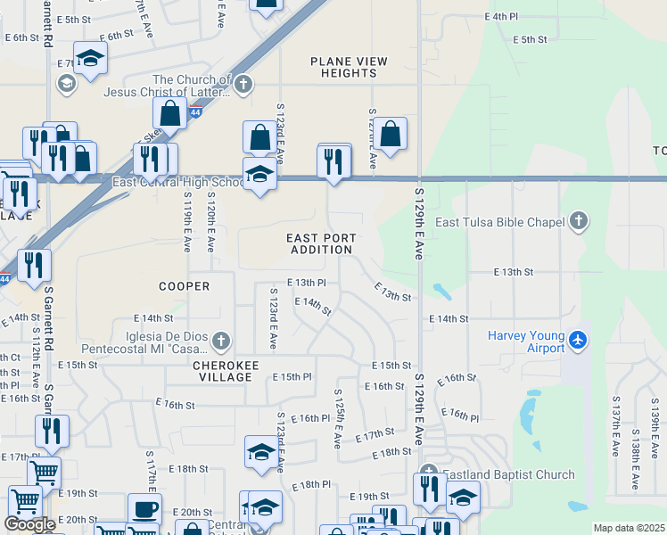 map of restaurants, bars, coffee shops, grocery stores, and more near 12355 East 13th Place in Tulsa