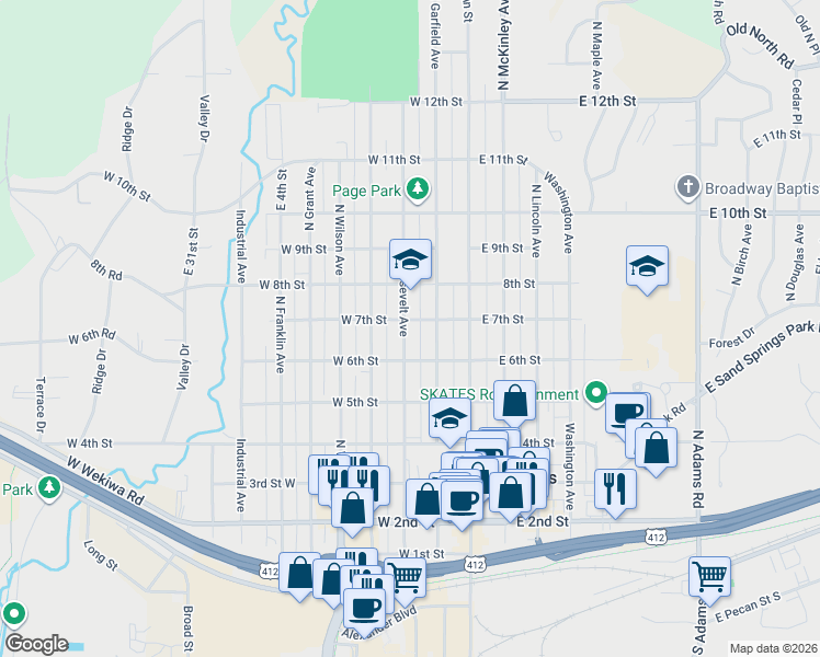 map of restaurants, bars, coffee shops, grocery stores, and more near 621 North Roosevelt Avenue in Sand Springs