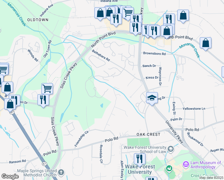 map of restaurants, bars, coffee shops, grocery stores, and more near 1224 Idlewilde Heath Drive in Winston-Salem