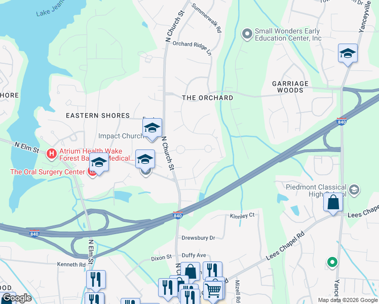 map of restaurants, bars, coffee shops, grocery stores, and more near 110 Arcaro Drive in Greensboro