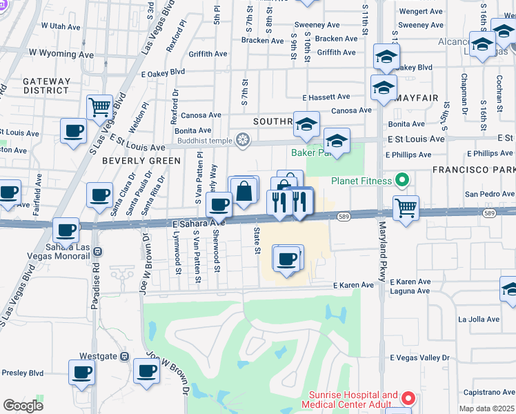 map of restaurants, bars, coffee shops, grocery stores, and more near 2516 State Street in Las Vegas