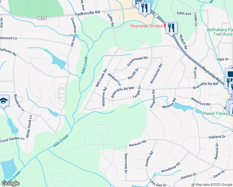 map of restaurants, bars, coffee shops, grocery stores, and more near 4220 Briarcliffe Road in Winston-Salem