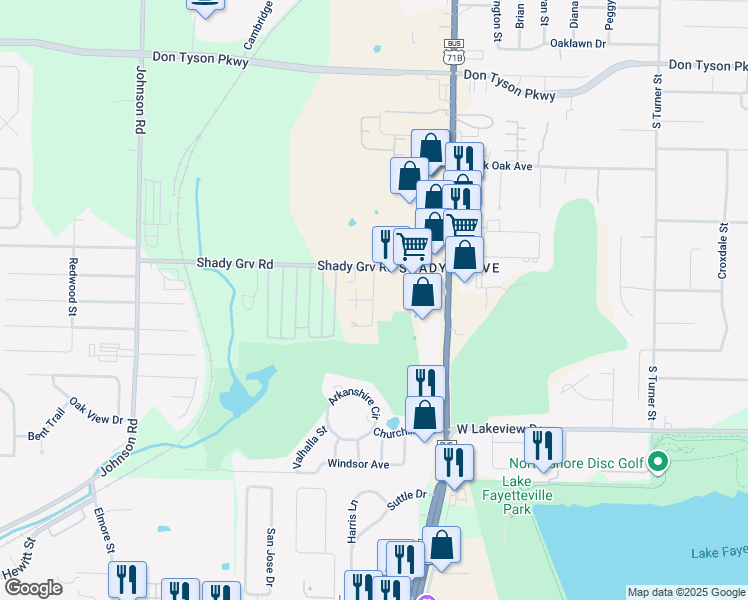 map of restaurants, bars, coffee shops, grocery stores, and more near 4500 Garden Center Drive in Springdale