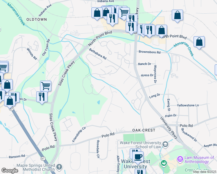 map of restaurants, bars, coffee shops, grocery stores, and more near 1224 Idlewilde Heath Drive in Winston-Salem
