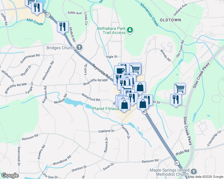 map of restaurants, bars, coffee shops, grocery stores, and more near 2909 Waterford Road in Winston-Salem