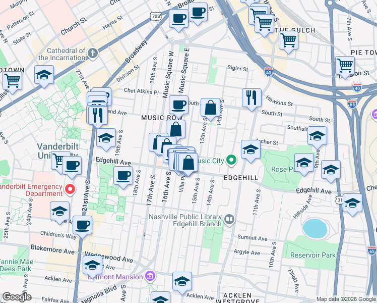 map of restaurants, bars, coffee shops, grocery stores, and more near 1409A Tremont Avenue in Nashville