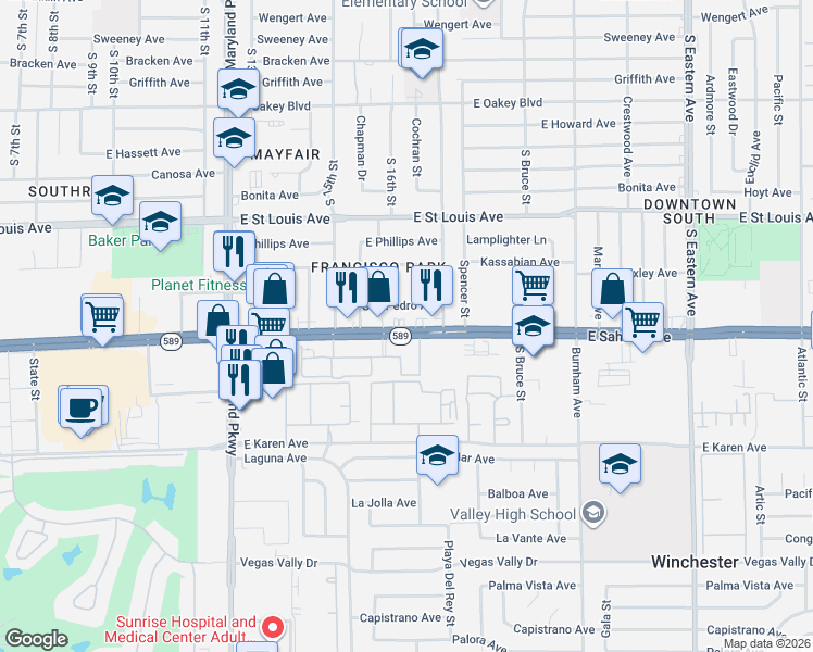 map of restaurants, bars, coffee shops, grocery stores, and more near 1600 E Sahara Ave in Las Vegas