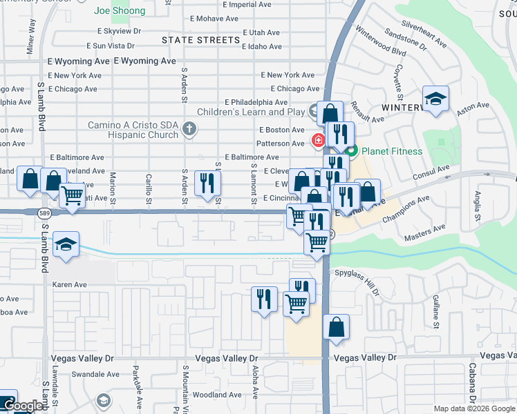 map of restaurants, bars, coffee shops, grocery stores, and more near 2 East Sahara Avenue in Las Vegas