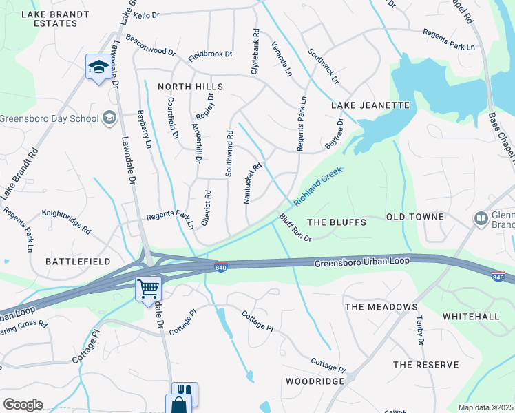 map of restaurants, bars, coffee shops, grocery stores, and more near 2023 Warwickshire Drive in Greensboro