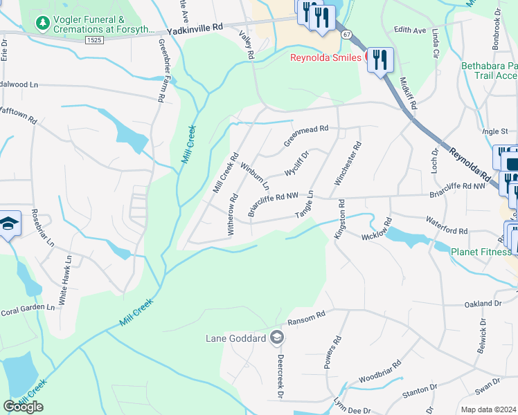 map of restaurants, bars, coffee shops, grocery stores, and more near 4220 Briarcliffe Road in Winston-Salem