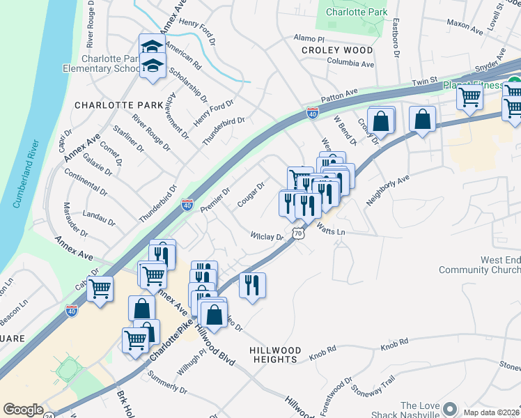 map of restaurants, bars, coffee shops, grocery stores, and more near 446 Wilclay Drive in Nashville