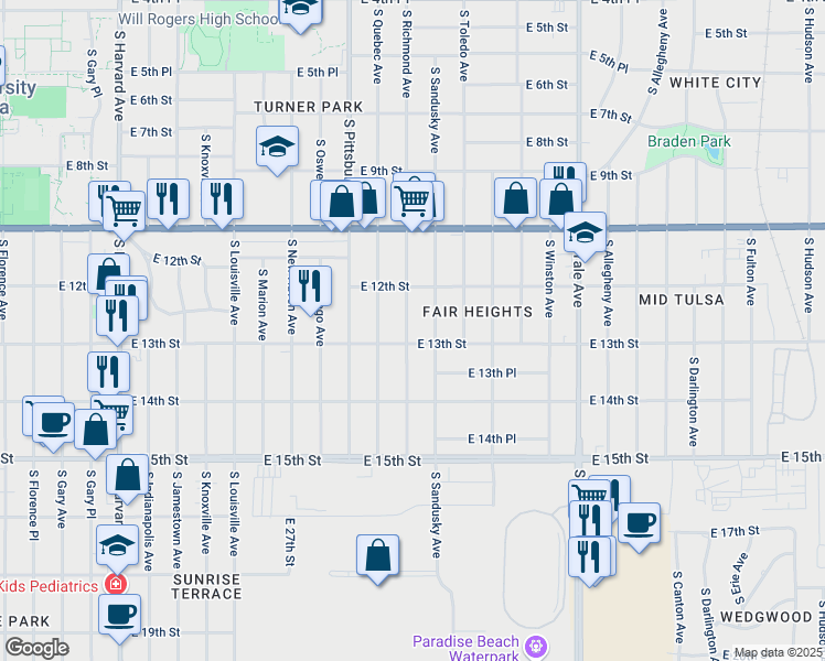 map of restaurants, bars, coffee shops, grocery stores, and more near 1239 South Richmond Avenue in Tulsa