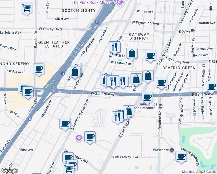 map of restaurants, bars, coffee shops, grocery stores, and more near 411 West Sahara Avenue in Las Vegas