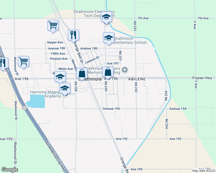 map of restaurants, bars, coffee shops, grocery stores, and more near 19514 Road 230 in Strathmore