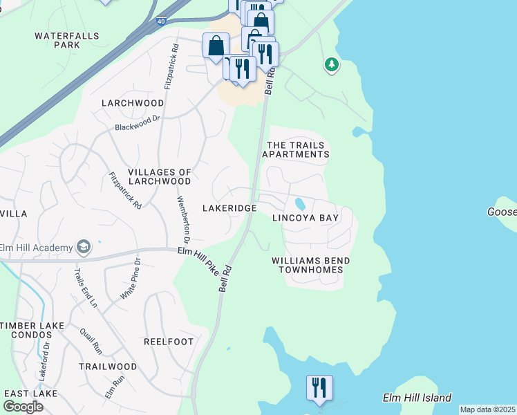 map of restaurants, bars, coffee shops, grocery stores, and more near 708 Lakeridge Way in Nashville