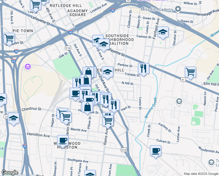 map of restaurants, bars, coffee shops, grocery stores, and more near 1240B 2nd Avenue South in Nashville