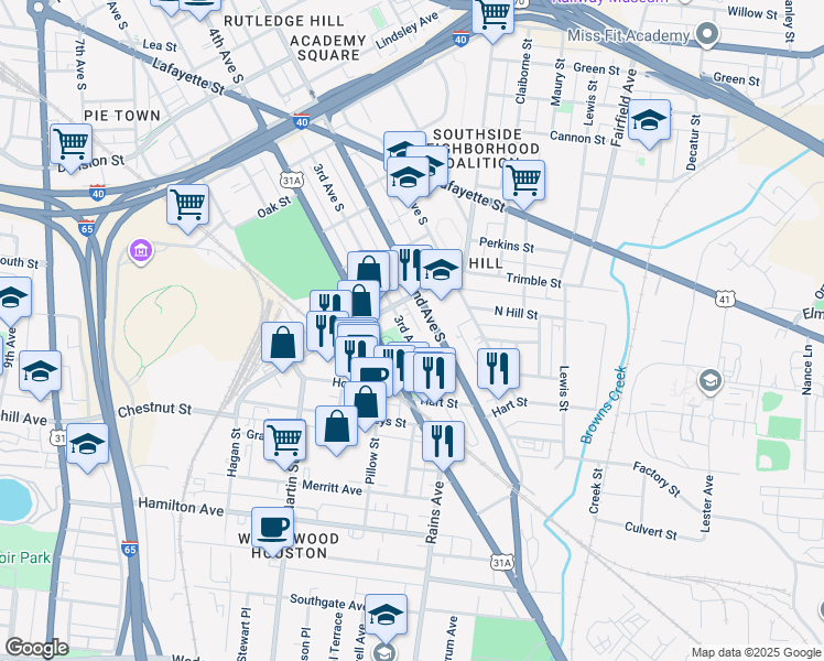 map of restaurants, bars, coffee shops, grocery stores, and more near 1232 3rd Avenue in Nashville