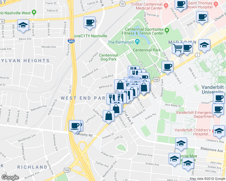 map of restaurants, bars, coffee shops, grocery stores, and more near 3102 West End Avenue in Nashville