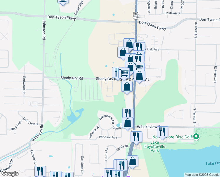 map of restaurants, bars, coffee shops, grocery stores, and more near 1600 Azalea Circle in Springdale