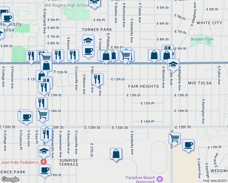 map of restaurants, bars, coffee shops, grocery stores, and more near 1303 South Pittsburg Avenue in Tulsa