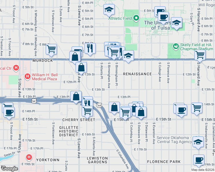 map of restaurants, bars, coffee shops, grocery stores, and more near 2604 East 13th Street in Tulsa