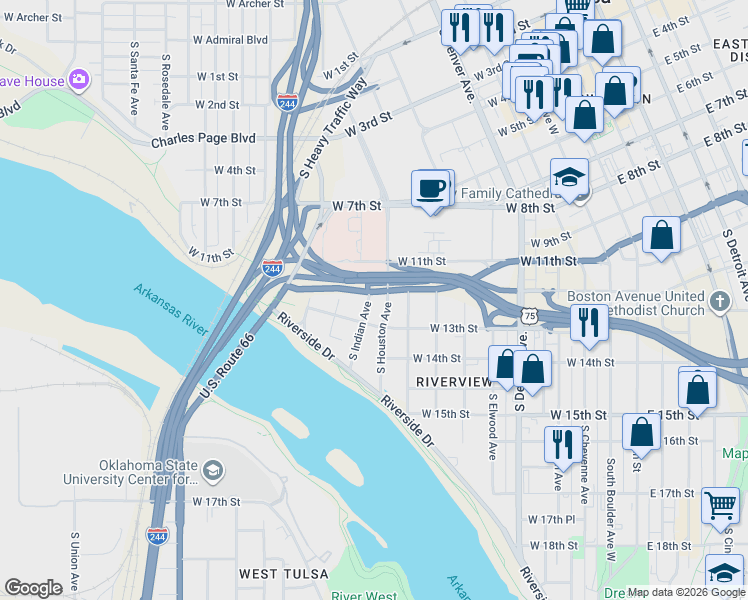 map of restaurants, bars, coffee shops, grocery stores, and more near 1224 South Houston Avenue in Tulsa