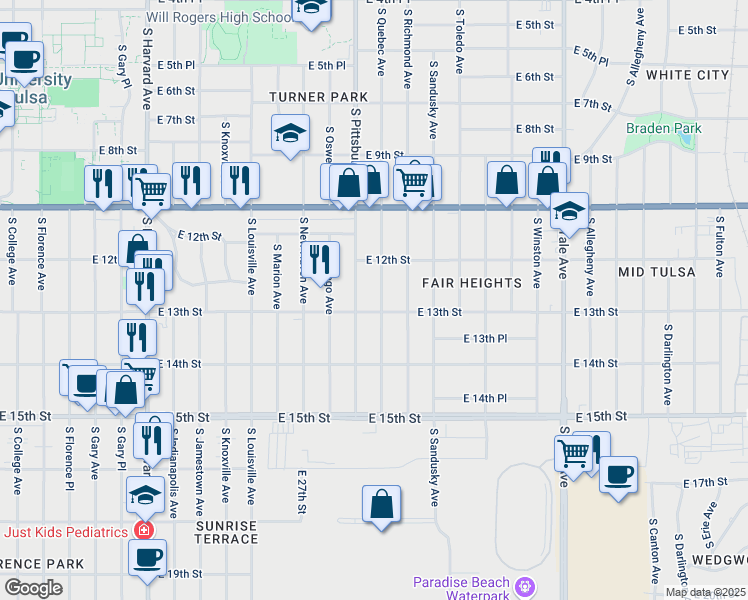 map of restaurants, bars, coffee shops, grocery stores, and more near 1303 South Pittsburg Avenue in Tulsa