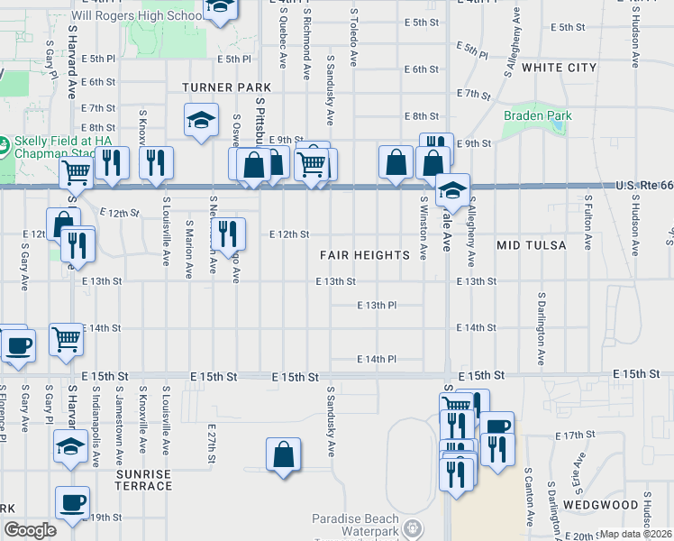 map of restaurants, bars, coffee shops, grocery stores, and more near 1303 South Sandusky Avenue in Tulsa