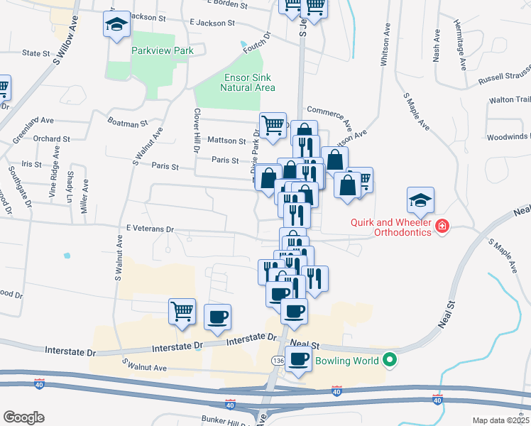 map of restaurants, bars, coffee shops, grocery stores, and more near 767 Fairground Street in Cookeville
