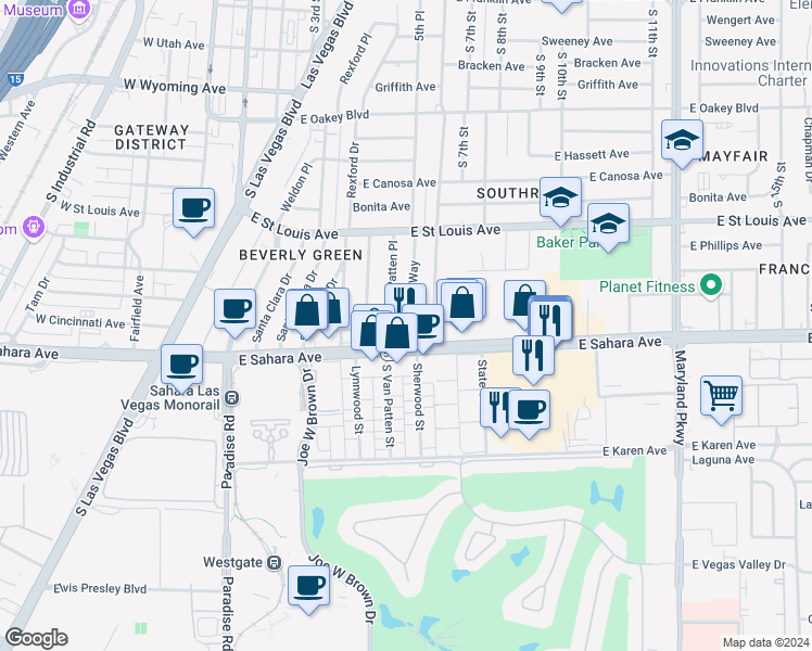 map of restaurants, bars, coffee shops, grocery stores, and more near 2312 South Beverly Way in Las Vegas