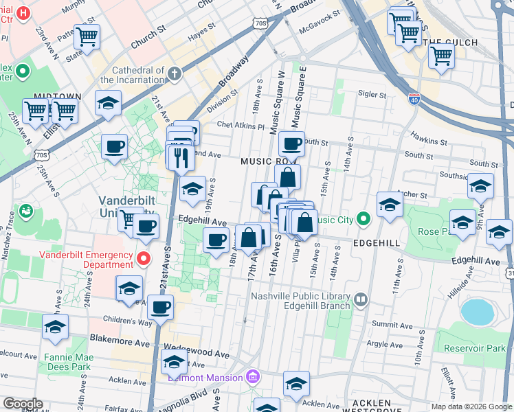map of restaurants, bars, coffee shops, grocery stores, and more near in Nashville