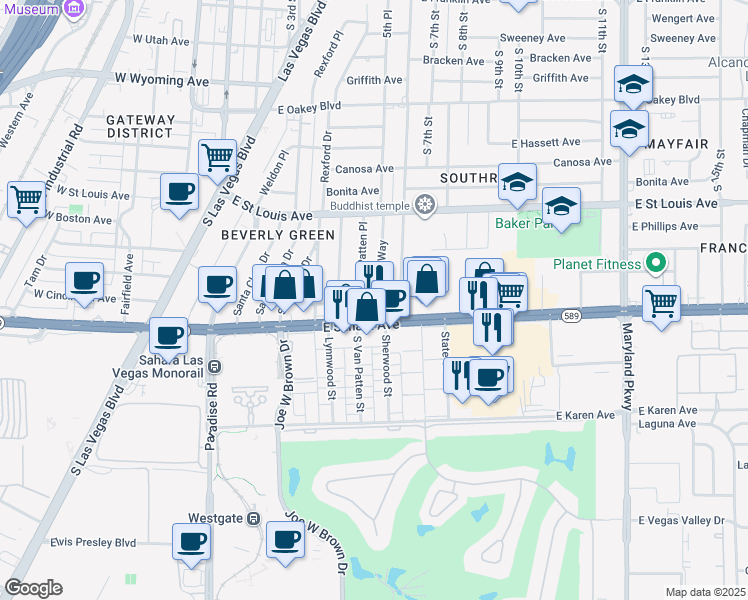 map of restaurants, bars, coffee shops, grocery stores, and more near 2312 South Beverly Way in Las Vegas