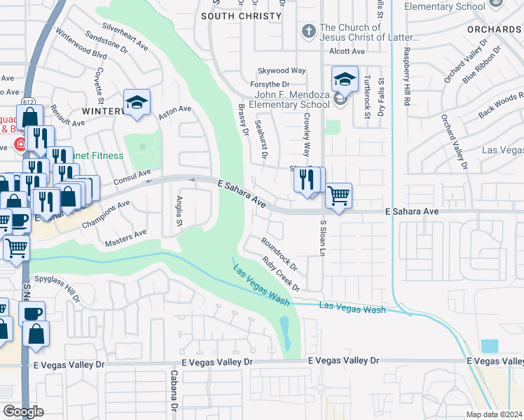 map of restaurants, bars, coffee shops, grocery stores, and more near 5655 East Sahara Avenue in Las Vegas