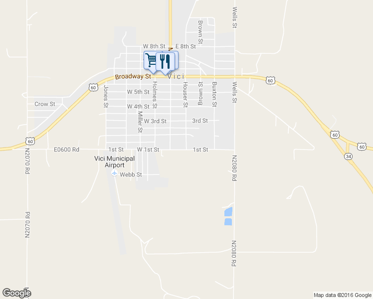 map of restaurants, bars, coffee shops, grocery stores, and more near 1st Street in Vici
