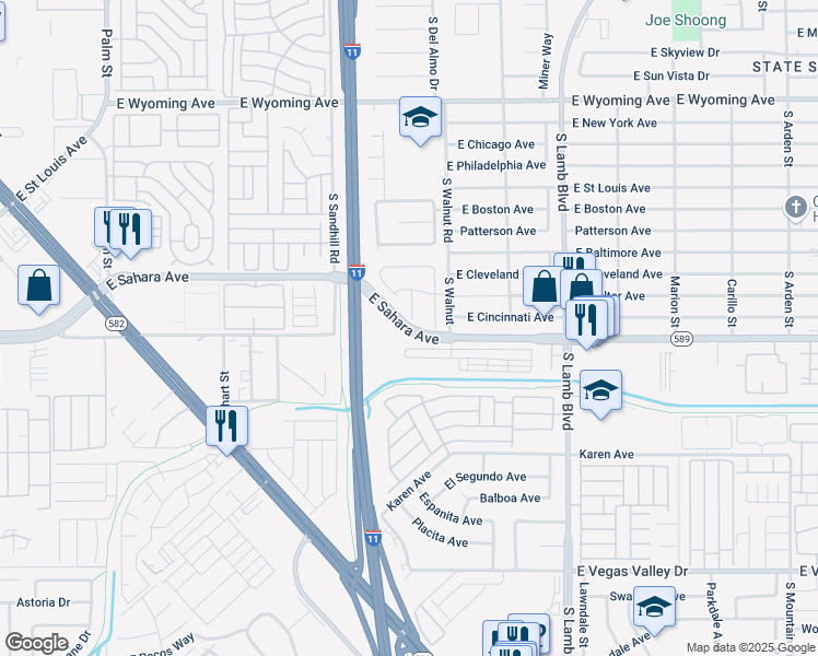 map of restaurants, bars, coffee shops, grocery stores, and more near 5655 East Sahara Avenue in Las Vegas