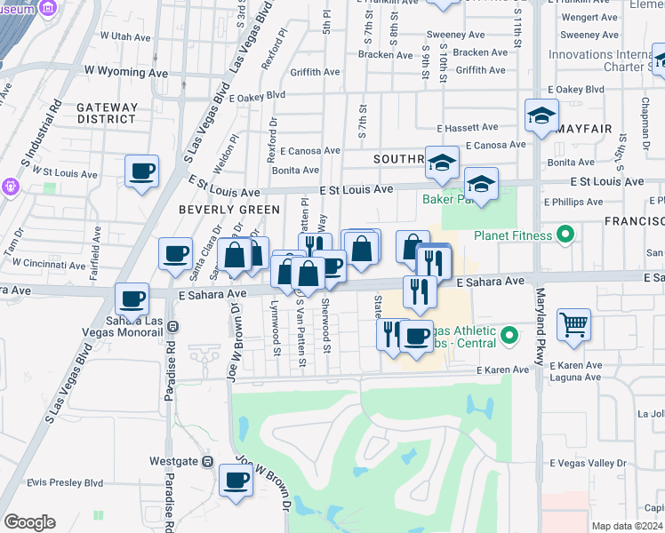 map of restaurants, bars, coffee shops, grocery stores, and more near 2312 South 6th Street in Las Vegas