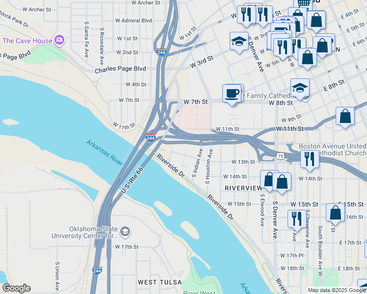 map of restaurants, bars, coffee shops, grocery stores, and more near 1210 South Jackson Avenue in Tulsa