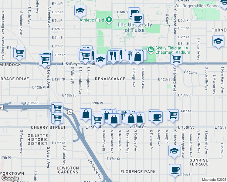 map of restaurants, bars, coffee shops, grocery stores, and more near 1237 South Delaware Avenue in Tulsa