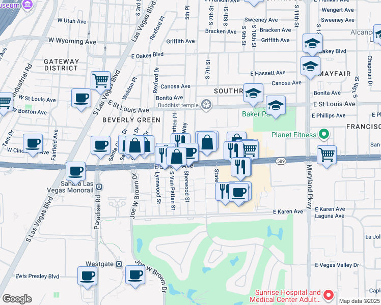 map of restaurants, bars, coffee shops, grocery stores, and more near 2312 South 6th Street in Las Vegas