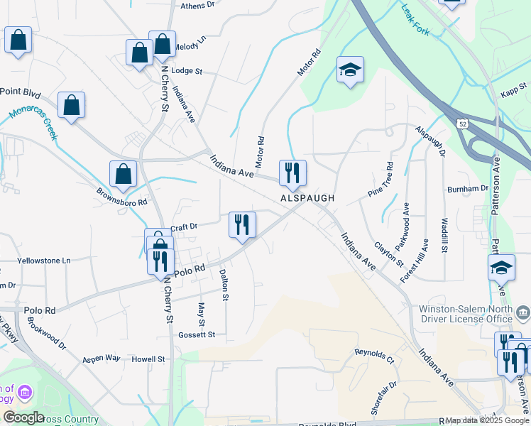 map of restaurants, bars, coffee shops, grocery stores, and more near 214 Craft Drive in Winston-Salem