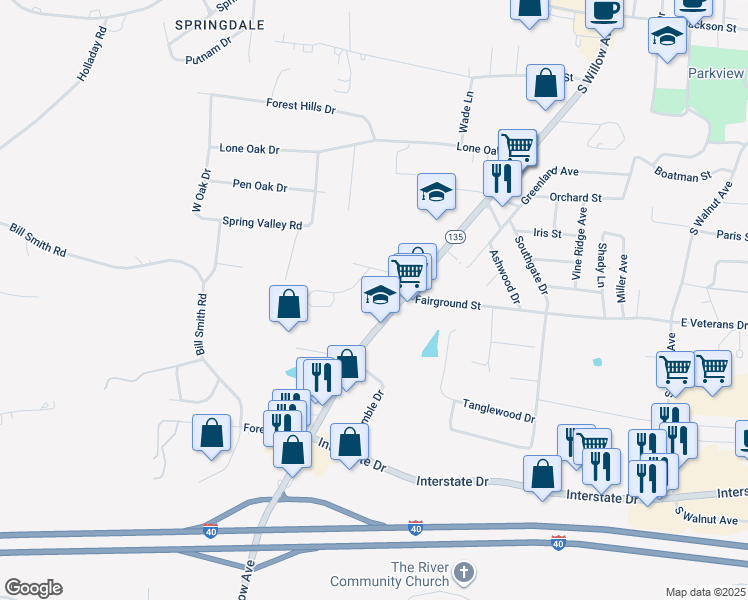 map of restaurants, bars, coffee shops, grocery stores, and more near 851 South Willow Avenue in Cookeville