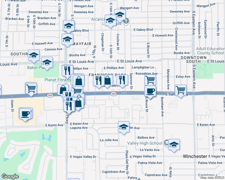 map of restaurants, bars, coffee shops, grocery stores, and more near 1655 East Sahara Avenue in Las Vegas