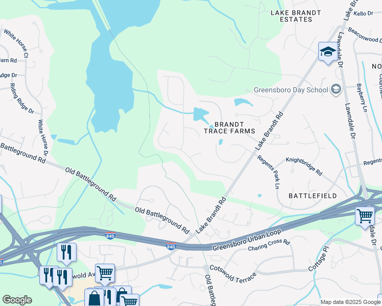 map of restaurants, bars, coffee shops, grocery stores, and more near 2500 Quaker Landing Road in Greensboro