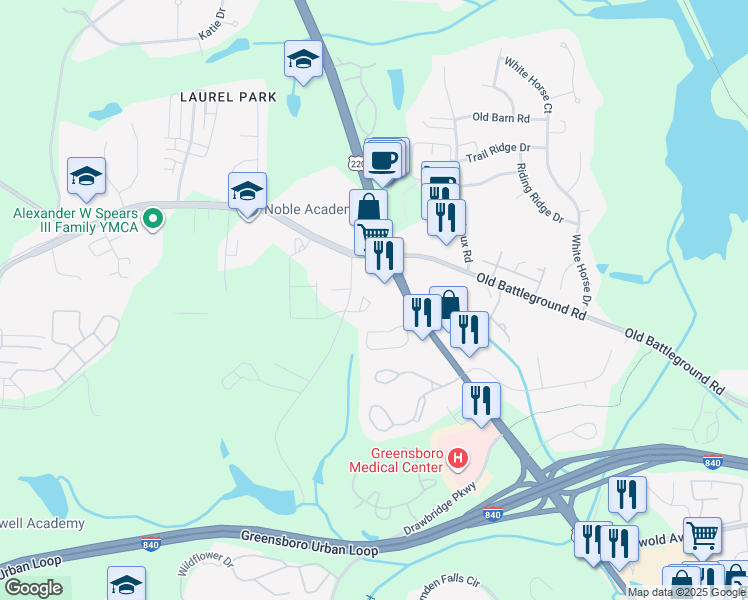 map of restaurants, bars, coffee shops, grocery stores, and more near 3716 Wayfarer Drive in Greensboro